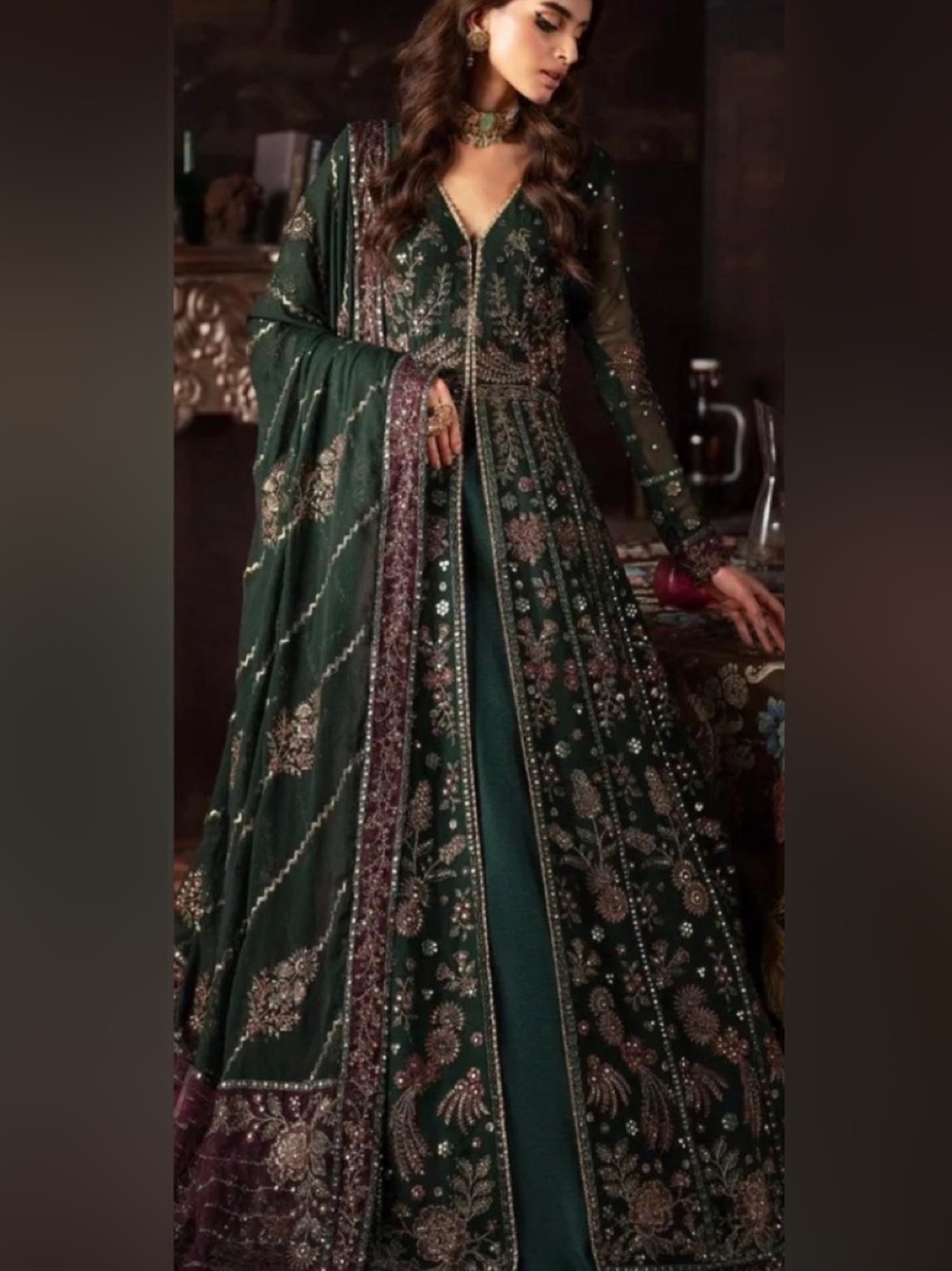 Embroidered Deep Green Long Sleeve Women's Gown
